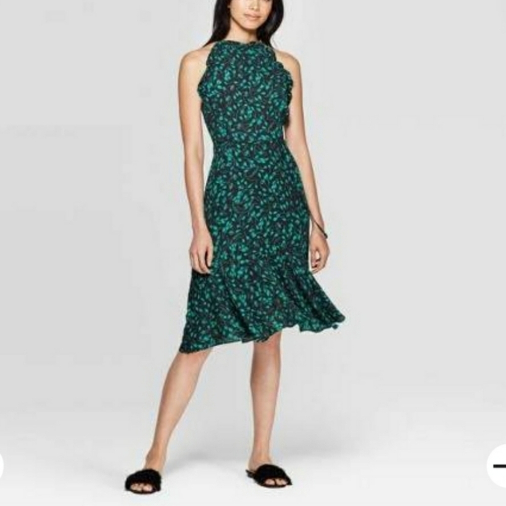 Size Medium Target Green Floral Print Sleeveless Halter Neck A Line Midi Dress